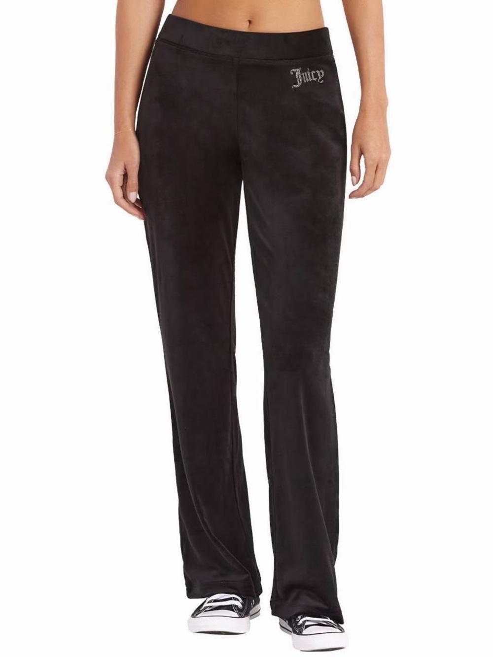Juicy Couture Black Velour Wide Leg Flare XL Y2K Rhinestone Logo Sweatpants